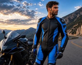 Black & Blue Leather Racing Suit | 1-Piece Motorcycle Suit | CE Armor Touring Biker Gear S-3XL