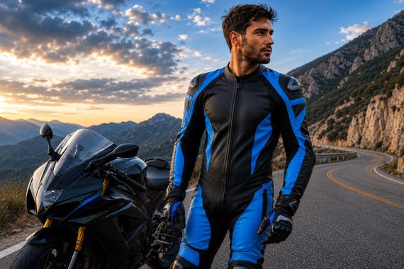 Black & Blue Leather Racing Suit | 1-Piece Motorcycle Suit | CE Armor Touring Biker Gear S-3XL