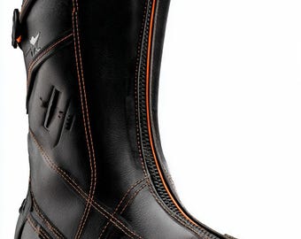 Men's Black Orange Leather Motorcycle Racing Boots | CE Certified Ankle Protection, Anti-Slip Sole