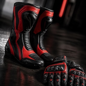 K&ouml;nnte beinhalten: Ein Paar schwarz-rote Motorradstiefel mit verst&auml;rktem Kn&ouml;chelschutz und flexiblen Akkordeon-Eins&auml;tzen, begleitet von einem Paar passender schwarz-roter Motorradhandschuhe mit Hartschalen-Kn&ouml;chelschutz und texturierten Griffdetails.