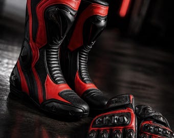 Red Black MotoGP Racing Boots & Gloves Set. TPU Protection | Custom Sizes S-4XL | ARJ CUSTOMIZE