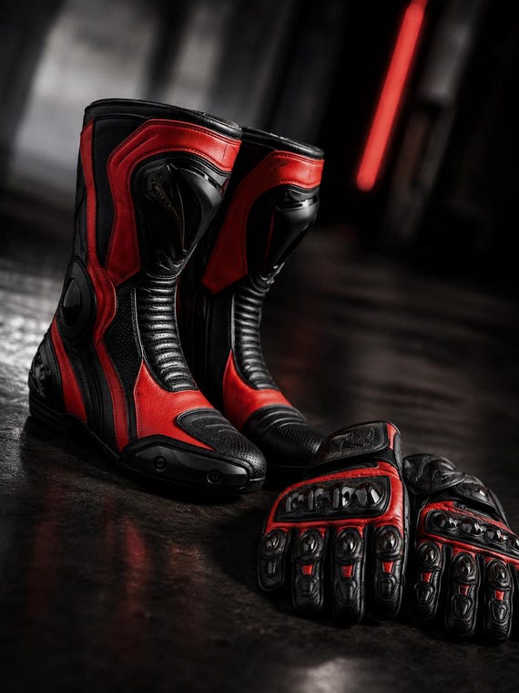Red Black MotoGP Racing Boots & Gloves Set. TPU Protection | Custom Sizes S-4XL | ARJ CUSTOMIZE