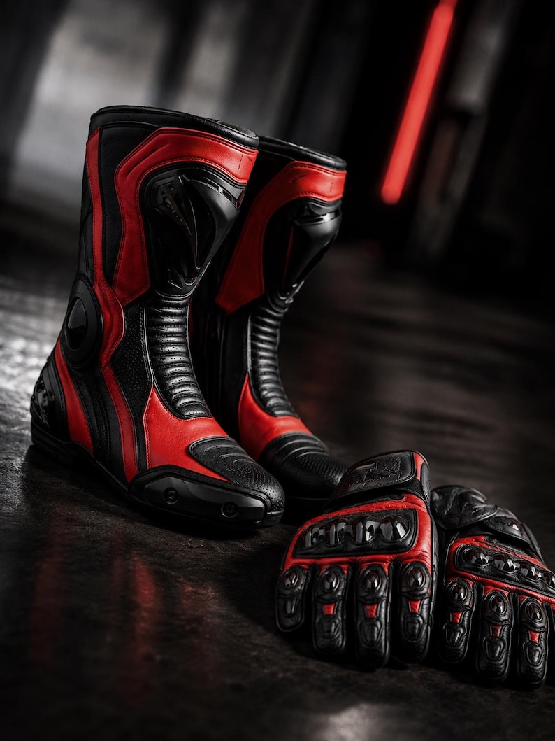 K&ouml;nnte beinhalten: Ein Paar schwarz-rote Motorradstiefel mit verst&auml;rktem Kn&ouml;chelschutz und flexiblen Akkordeon-Eins&auml;tzen, begleitet von einem Paar passender schwarz-roter Motorradhandschuhe mit Hartschalen-Kn&ouml;chelschutz und texturierten Griffdetails.