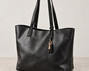 Genuine Cowhide Leather Tote Bag – Minimalist Work Shoulder Bag (14" W)