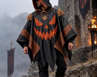 Halloween Jack O Lantern Leather Poncho | Hooded Viking Medieval Cloak (Unisex)