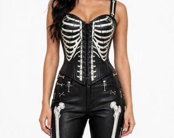Handmade Skeleton Corset Top and Faux Leather Pants Set, Gothic Halloween Outfit