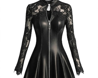 Real Lambskin Leather Gothic Dress – Lace Skater Mini Dress, Zip Front