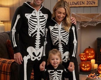 Family Matching Skeleton Onesie Pajamas – Halloween Costume Jumpsuit (Hooded)
