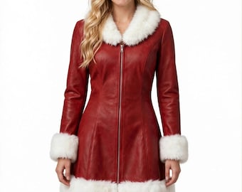 Santa Leather Dress with Cap - Womens Red Leather Christmas Costume - Genuine Sheep Leather Santa Dress Fur Trim Xmas Dress
