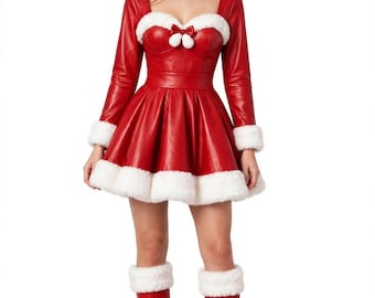 Womens Santa Leather Dress Costume - Red Leather Christmas Dress with Santa Hat - Holiday Party Outfit