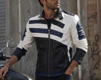Men's White Black Navy Blue Leather Jacket | Genuine Cowhide Biker Jacket | Color Block Racing Leather Jacket with Stripes