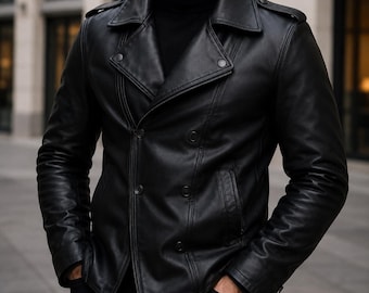Men's Genuine Leather Double Breasted Jacket - Black Biker Peacoat