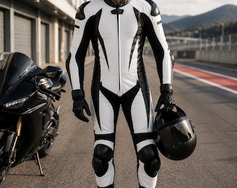 Men's White Black Leather Motorcycle Racing Suit | CE Armor Protective Track Suit
