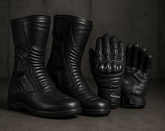 Conjunto de moto negro completo / Botas de cuero para montar + Guantes con protección para los nudillos / Equipamiento de motociclista para turismo Tallas S-3XL