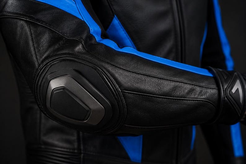 May include: A black leather motorcycle jacket featuring vibrant blue panels along the sleeves and torso. The elbow area is reinforced with a prominent, molded dark gray protective armor piece, and the sleeve cuff includes a black strap detail.