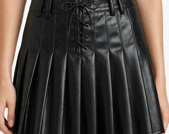 Real Sheep Leather Mini Skirt, Genuine Lambskin Pleated Skater Skirt, Lace Up High Waisted