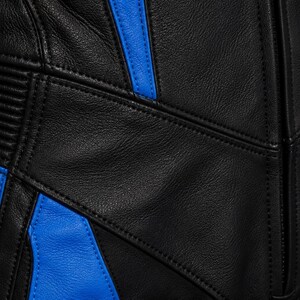 May include: A black and blue leather garment featuring panels of smooth black leather contrasted with vibrant blue leather sections. The piece includes detailed stitching, reinforced seams, and ribbed leather texture accents on the side.