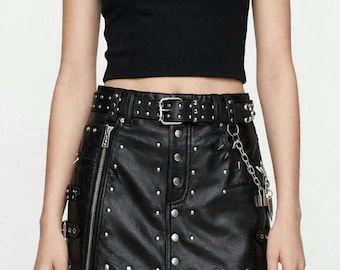 Black Leather Studded Mini Skirt with Belt - Punk Gothic Leather Skirt - Spiked Y2K Moto Skirt - Women Leather Skirt with Chain