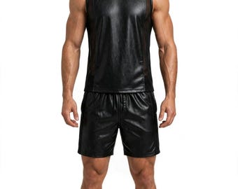 Genuine Sheep Leather Mesh Tank Top and Shorts Set Men | Real Leather Athletic Outfit | Festival Rave Gym Wear | Handmade Sialkot