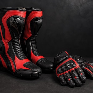 K&ouml;nnte beinhalten: Ein Paar schwarz-rote Motorradstiefel mit verst&auml;rktem Kn&ouml;chelschutz und flexiblen Akkordeon-Eins&auml;tzen, zusammen mit passenden schwarz-roten Motorradhandschuhen mit Hartschalen-Kn&ouml;chelschutz und texturierten Griffdetails.