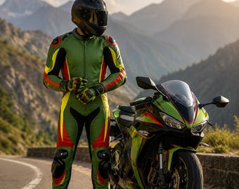 Custom Kawasaki Green 1-Piece Leather Motorcycle Racing Suit | CE Approved Armor | Motorbike Track Jumpsuit | Unisex