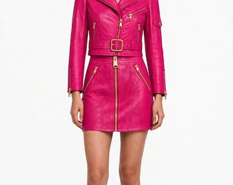 Womens Real Lambskin Leather Biker Set - Cropped Belted Moto Jacket and Zip Mini Skirt - 3 in 1 Jacket Only Skirt Only Full Set