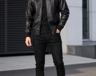 Premium Men's Real Leather Hooded Bomber Jacket | Available in Black and Brown | Casual Winter Coat