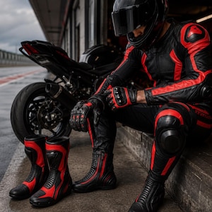 K&ouml;nnte beinhalten: Ein schwarzer und roter Motorrad-Lederkombi mit passenden Handschuhen und Stiefeln. Der Anzug verf&uuml;gt &uuml;ber sch&uuml;tzende Polsterungen an Schultern, Knien und Ellbogen. Ein schwarzer Integralhelm mit dunklem Visier wird getragen.