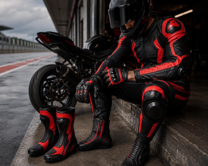 K&ouml;nnte beinhalten: Ein schwarzer und roter Motorrad-Lederkombi mit passenden Handschuhen und Stiefeln. Der Anzug verf&uuml;gt &uuml;ber sch&uuml;tzende Polsterungen an Schultern, Knien und Ellbogen. Ein schwarzer Integralhelm mit dunklem Visier wird getragen.