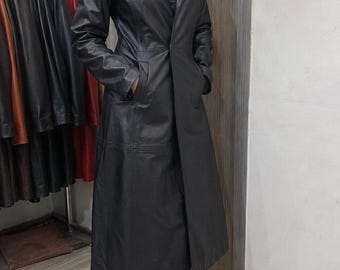 Women's Genuine Leather Trench Coat | Long Black Leather Coat | Cowhide Maxi Overcoat | Winter Leather Jacket