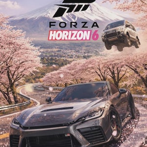 以下が含まれることがあります： Forza Horizon 6のプロモーション画像。グレーのスポーツカーとシルバーのSUVが、曲がりくねった道路で空中に浮かんでいます。背景には雪をかぶった山、桜の木、ゲームのロゴがあります。