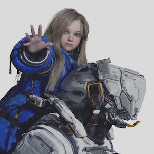 May include: A promotional image for the video game Pragmata. A young girl with long blonde hair is wearing a blue jacket and is reaching out with her hand. She is sitting on a large, detailed, futuristic robotic structure. The game's title is at the top.
