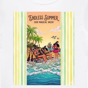 Pode incluir: Camiseta branca com um gráfico colorido. O design inclui as palavras "Endless Summer" e "Our Magical Vacay". A ilustração mostra pessoas em uma praia com palmeiras e ondas do oceano.