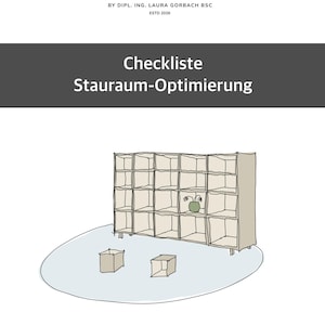Könnte beinhalten: Illustration einer Checkliste zur Stauraumoptimierung. Das Bild zeigt ein rasterartiges Regal mit einer kleinen Pflanze, zwei Boxen und deutschem Text. Der Text enthält "grund riss wissen" und "Checkliste Stauraum-Optimierung."