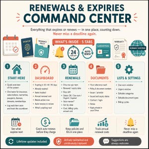 May include: A digital organizational chart titled RENEWALS & EXPIRES COMMAND CENTER. It features five numbered sections: Start Here, Dashboard, Renewals, Documents, and Lists & Settings. Icons represent calendars, passports, insurance, and clocks.