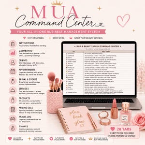 May include: A digital MUA Command Center business management system displayed on a laptop screen, accompanied by a pink brush holder with makeup brushes, a spiral notebook labeled plan book glow, a pen, lipstick, and a perfume bottle.