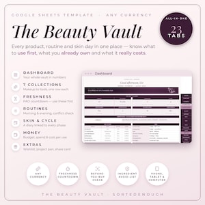 Könnte beinhalten: Eine Google Sheets-Vorlage mit dem Titel The Beauty Vault mit 23 Registerkarten zur Nachverfolgung von Schönheitsprodukten, Routinen und Kosten. Die Benutzeroberfläche umfasst ein Dashboard, Sammlungen, Frische-Countdowns und Hautzyklus-Protokolle, die mit jeder Währung auf Telefonen, Tablets und Computern kompatibel sind.