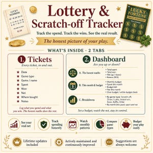 May include: A Lottery & Scratch-off Tracker digital template featuring sections for tickets and a dashboard. The layout includes fields for tracking dates, game types, spending, and winnings, with icons for budget, maths, and breakdown analysis.