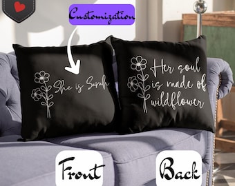 Cojín personalizado con estampado de flores silvestres, cojín decorativo con escritura botánica, decoración estilo cottagecore para el hogar.