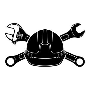 以下が含まれることがあります： 建設テーマの白黒イラスト。黒いヘルメットが中央にあり、その背後に2つのレンチが交差しています。1つはアジャスタブルレンチ、もう1つはコンビネーションレンチです。画像はシンプルで大胆なデザインです。