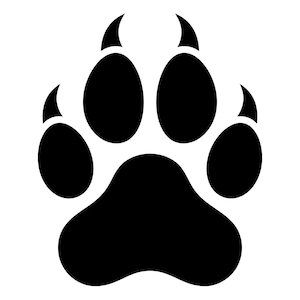 May include: A black paw print with five pads and four sharp claws. The paw print is a simple, bold design, perfect for pet-related products or designs. The image is a high-contrast graphic on a white background.