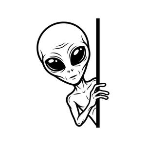 Pode incluir: Ilustração em preto e branco de um alienígena clássico espreitando por uma linha vertical. O alienígena tem uma cabeça grande, olhos pretos grandes e um corpo esguio. A imagem é um design simples e limpo.