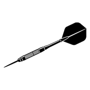 May include: A black and white illustration of a dart. The dart has a sharp metal tip, a ridged grip, a shaft, and a black flight. The dart is designed for use in the game of darts.