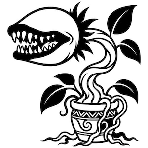 May include: A black and white graphic illustration of a carnivorous plant with a large, toothy, open mouth. The plant has a long, curved stem, several pointed leaves, and is rooted in a decorative pot with geometric patterns and dangling roots.