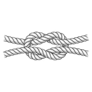 Op de afbeelding: Een gedetailleerde zwart-wit illustratie van een knoop geknoopt met dik touw. Het touw is strak geweven en de knoop is gecentreerd, wat het ingewikkelde patroon van de verweven strengen laat zien. De afbeelding staat tegen een effen witte achtergrond.