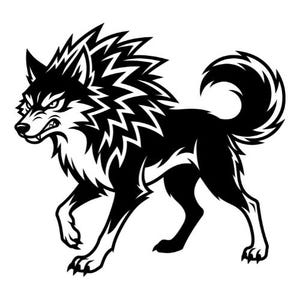 以下が含まれることがあります： 歩いているポーズのオオカミの白黒イラスト。オオカミは牙をむき出し、とげのあるたてがみで、恐ろしい表情をしています。尾は丸まっており、デザインは大胆なグラフィックです。