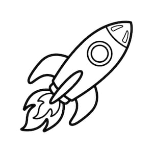 May include: Black and white line art illustration of a rocket ship blasting off. The rocket has a streamlined body, fins, and a flame emitting from the engine. The design is simple and graphic.