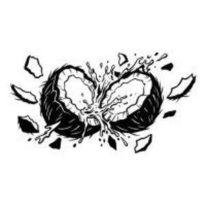 May include: Black and white illustration of a coconut splitting open, with water splashing out. The coconut is in the center, with pieces of the shell scattered around it. The image is a line drawing.