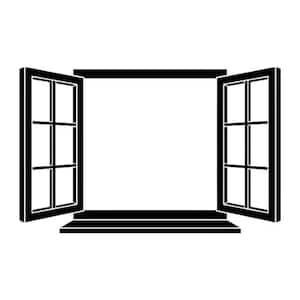 Op de afbeelding: Zwart-wit illustratie van een open raam. Het raam is verdeeld in zes ruiten en heeft twee open luiken. Het raam staat tegen een witte achtergrond.