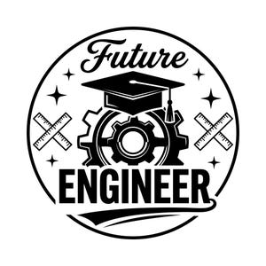 May include: A black and white circular design featuring the text "Future Engineer". The image includes a graduation cap, gears, crossed rulers, and stars, presented in a clear, bold style.
